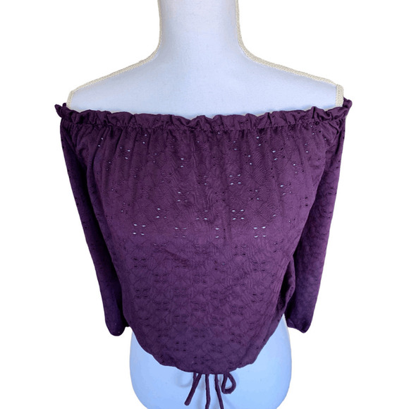 Peppermint Womens Top Boho Peasant Purple Off On Shoulder Eyelet Cropped Large - Picture 2 of 12